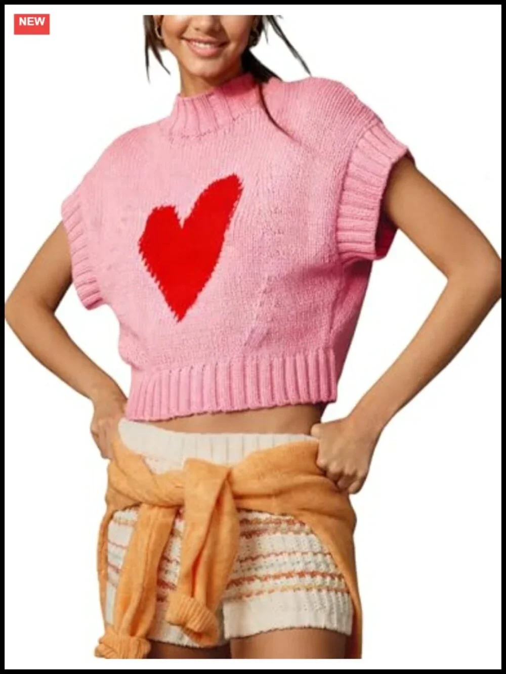 Women Cap Sleeve Sweater Vest Heart Print Mock Neck Knitted Pullover Tank Top